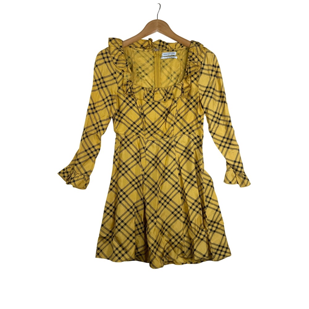 Urban Outfitters Kristen Plaid Academia Square Neck Mini Dress size Small Yellow